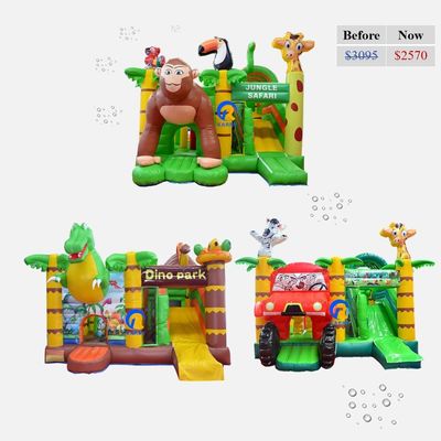 Castello rimbalzabile gonfiabile in PVC con scivolo tema giungla di grado commerciale taglia personalizzata