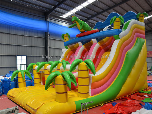 Parco all'aria aperta Gioco a 2 corsie Palma tropicale PVC gonfiabile Dinosauro Salto rimbalzo scivolo