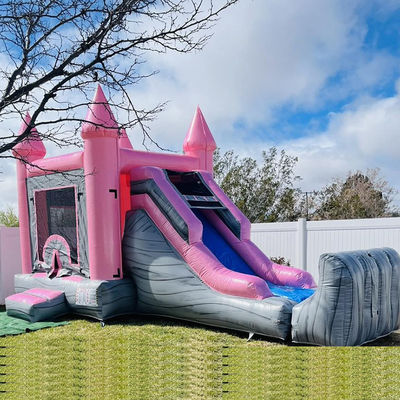 Castello per bambini rosa e grigio Casa gonfiabile a rimbalzo Slide Pool Combo Party Affitti