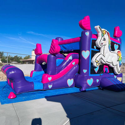 Kit di riparazione Fornito Commerciale PVC Rainbow Unicorn Bounce House con scivolo e piscina