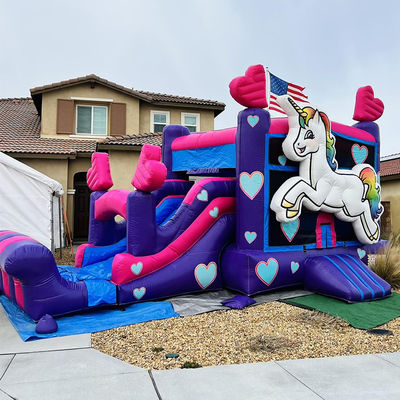 Kit di riparazione Fornito Commerciale PVC Rainbow Unicorn Bounce House con scivolo e piscina