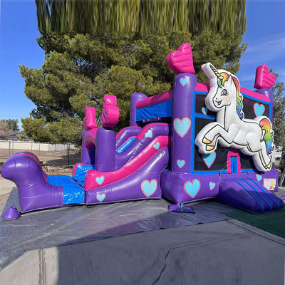 Kit di riparazione Fornito Commerciale PVC Rainbow Unicorn Bounce House con scivolo e piscina