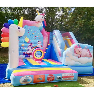Commerciale PVC Bambini Trampolino Giochi Arcobaleno Unicorno gonfiabile Città divertente con scivolo