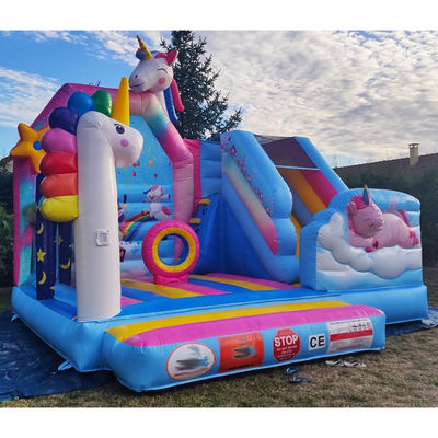 Commerciale PVC Bambini Trampolino Giochi Arcobaleno Unicorno gonfiabile Città divertente con scivolo