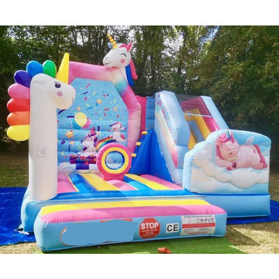 Commerciale PVC Bambini Trampolino Giochi Arcobaleno Unicorno gonfiabile Città divertente con scivolo