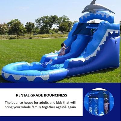 Scivolo d'acqua gonfiabile a balena grigia con piscina d'acqua blu e soffiatore incluso