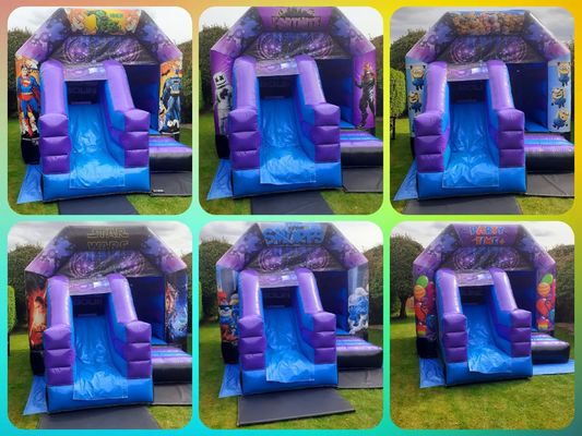 Castello di salto per bambini con disegni scivolo e gonfiabile