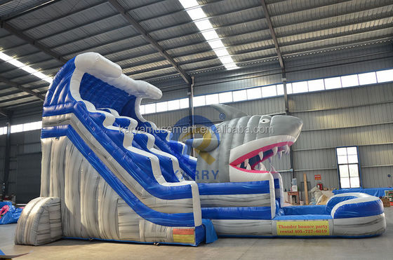 Scarica il tuo squalo interiore con lo scivolo d'acqua blu commerciale con squalo gonfiabile e piscina