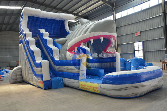 Scarica il tuo squalo interiore con lo scivolo d'acqua blu commerciale con squalo gonfiabile e piscina