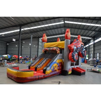 Combinazione gonfiabile di piscina a scivolo secco con scivolo a doppia corsia e tema di corse 3D OEM accettato
