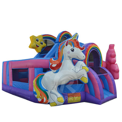 Divertimento all'aperto Commerciale 0,55 mm PVC Rainbow Unicorn Inflatabile Bouncer con scivolo asciutto bagnato