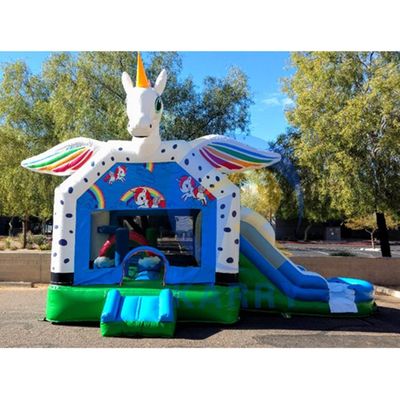 Commercial Rainbow Spotted Unicorn Inflatabile Bouncy Castle Combo Slide Accettabile OEM
