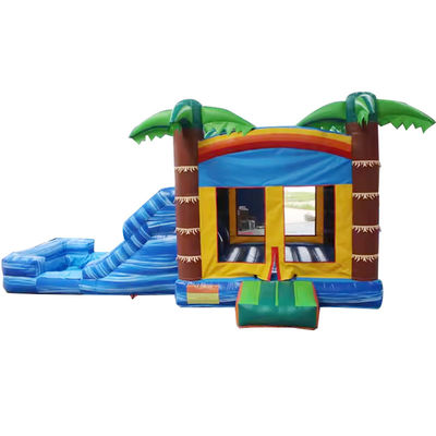 Unisex Palm Tree Inflatable Jumping Castle Castello a rimbalzo con piscina e area di salto