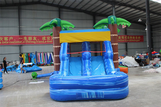 Unisex Palm Tree Inflatable Jumping Castle Castello a rimbalzo con piscina e area di salto