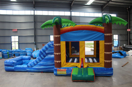 Unisex Palm Tree Inflatable Jumping Castle Castello a rimbalzo con piscina e area di salto