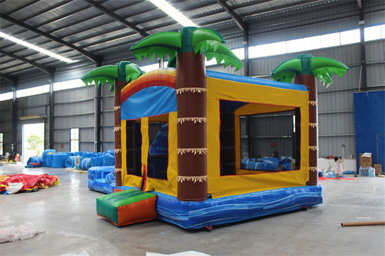 Unisex Palm Tree Inflatable Jumping Castle Castello a rimbalzo con piscina e area di salto