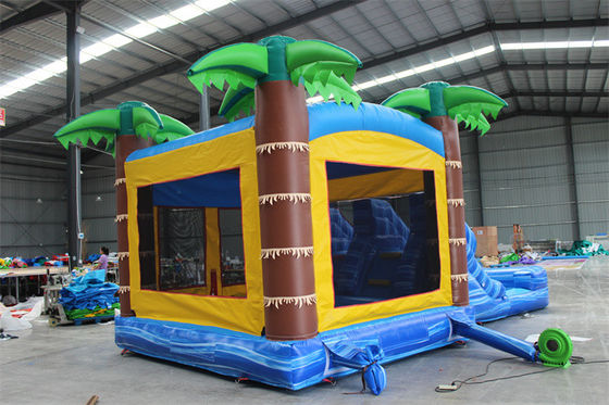 Unisex Palm Tree Inflatable Jumping Castle Castello a rimbalzo con piscina e area di salto