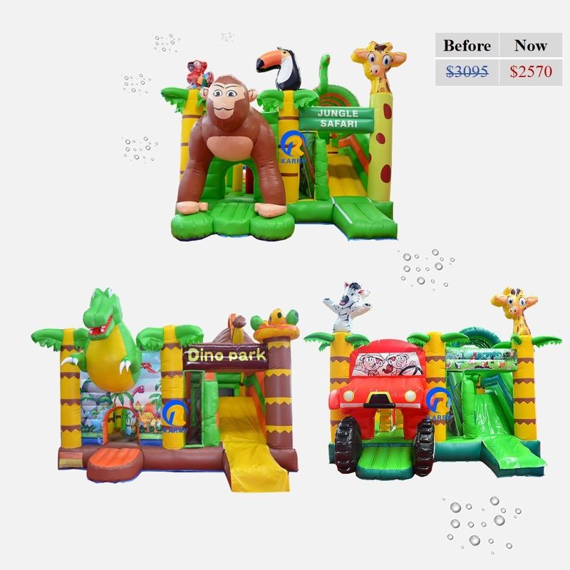 Castello rimbalzabile gonfiabile in PVC con scivolo tema giungla di grado commerciale taglia personalizzata