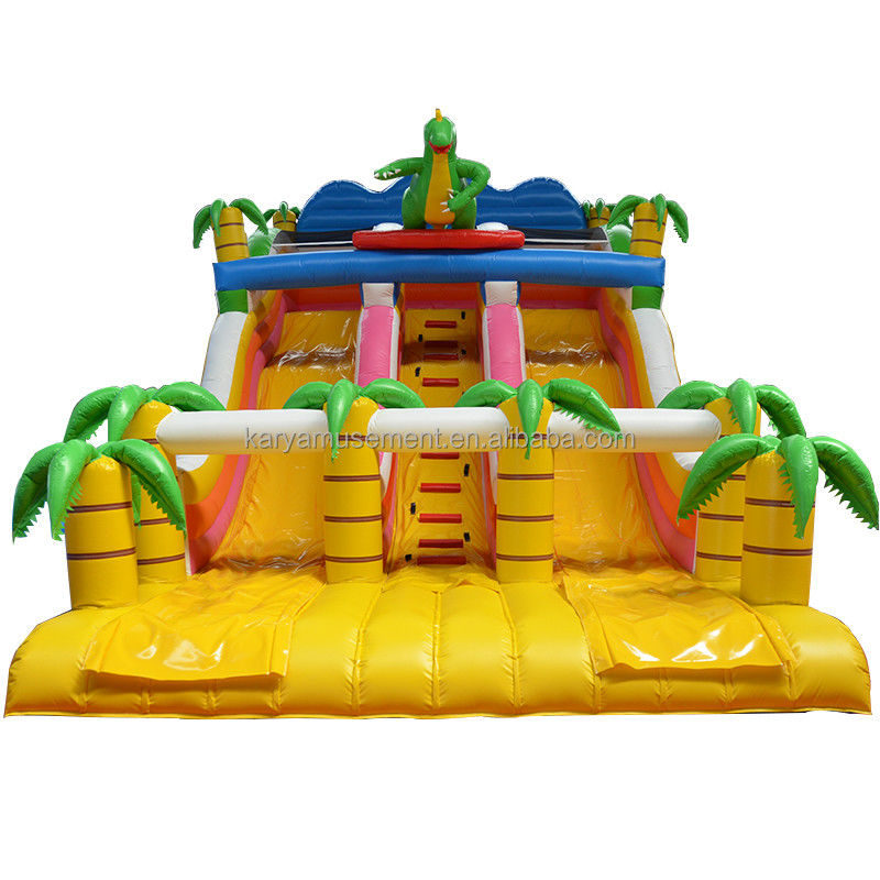 Parco all'aria aperta Gioco a 2 corsie Palma tropicale PVC gonfiabile Dinosauro Salto rimbalzo scivolo