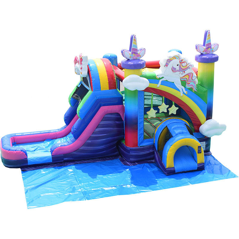 Bambini giocattoli gonfiabili arcobaleno unicorno trampolino castello casa gonfiabile rimbalzo con scivolo
