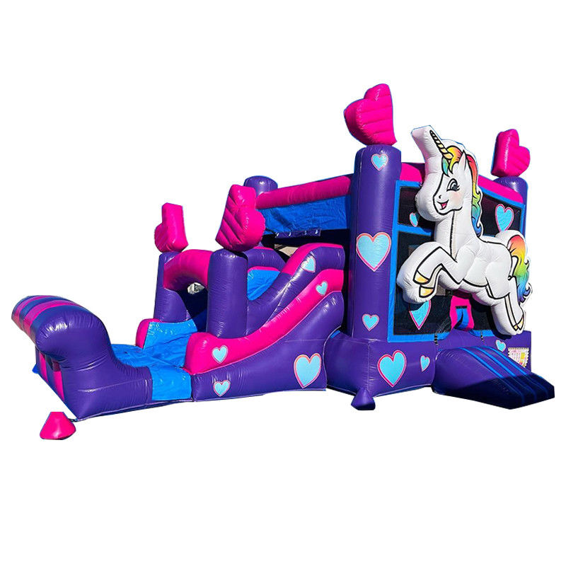 Kit di riparazione Fornito Commerciale PVC Rainbow Unicorn Bounce House con scivolo e piscina
